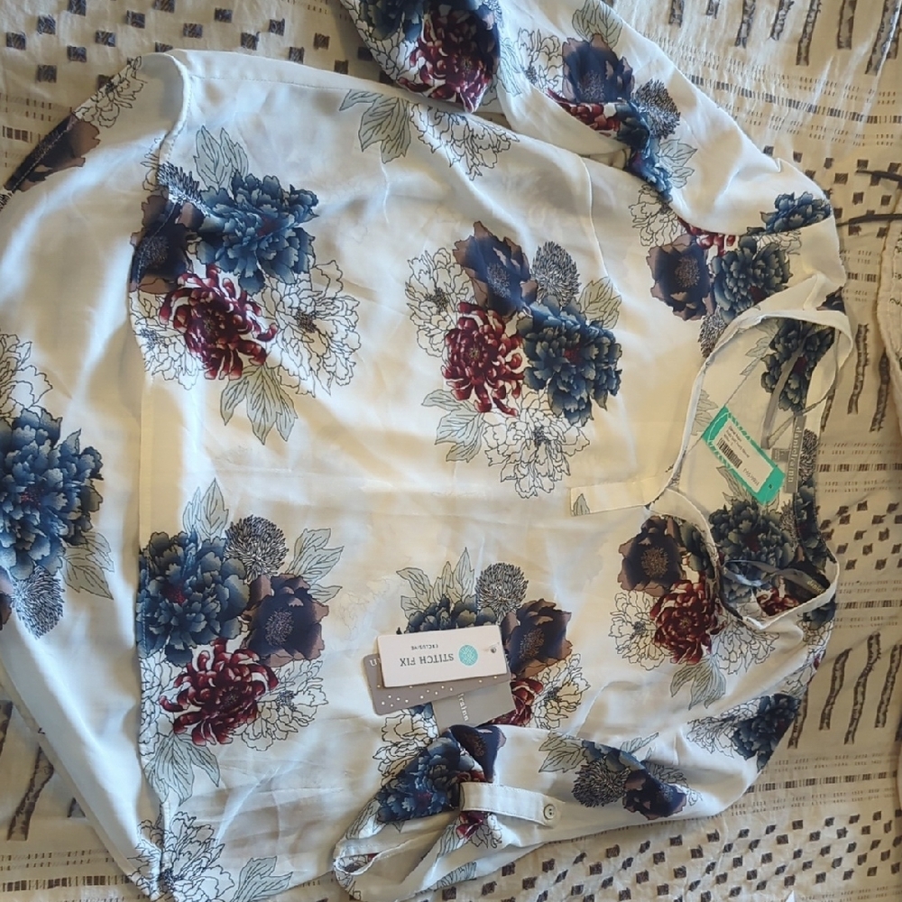 Floral Blouse with Blue and Burgundy Accents
